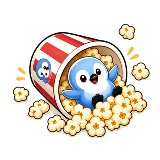 Blue penguin sticker popping out of a popcorn bucket