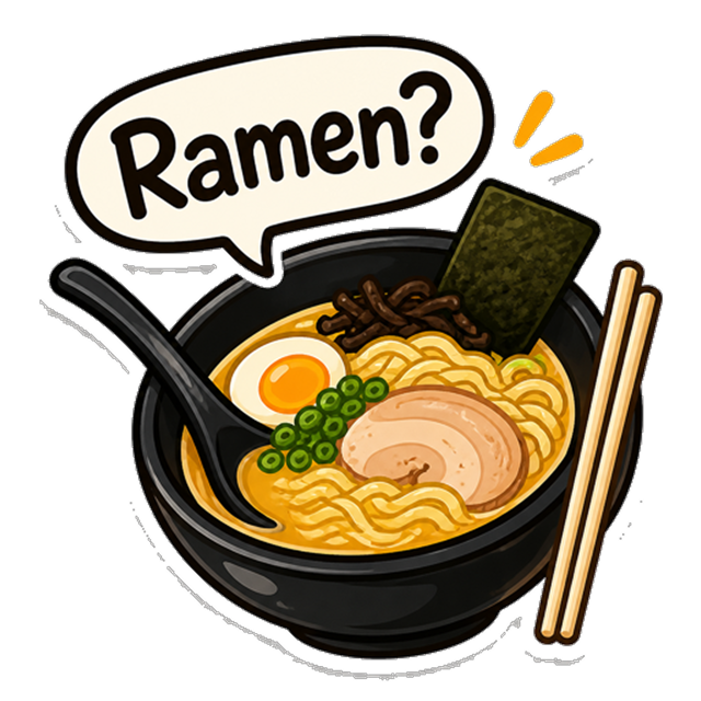 Ramen bowl sticker with a Ramen? speech bubble